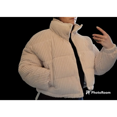 Commense Corduroy Open Collar Puffer Coat Cream Soft Casual Comfort Streetwear