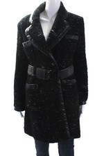 Chanel Womens Long Leather Trim Boucle Logo Belted Coat Jacket Black Size Fr 40