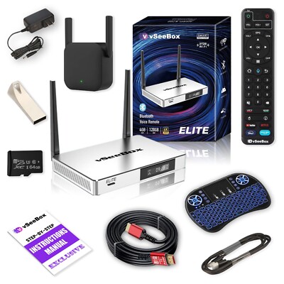 2025 vSeeBox Elite Bundle with 8K HDMI, 64GB Card/Drive, WiFi Extender, Keyboard