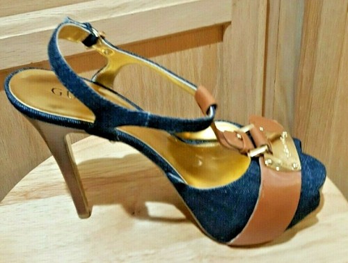 GUESS Kringa Blue Denim/Brown Leather T-Strap Platform Peep-toe Heels, 8.5M - Picture 3 of 9