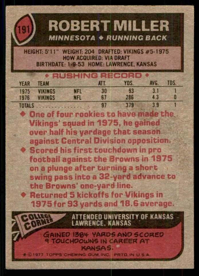 1977 Topps Robert Miller A Football Cards #191 - Image 2 of 2