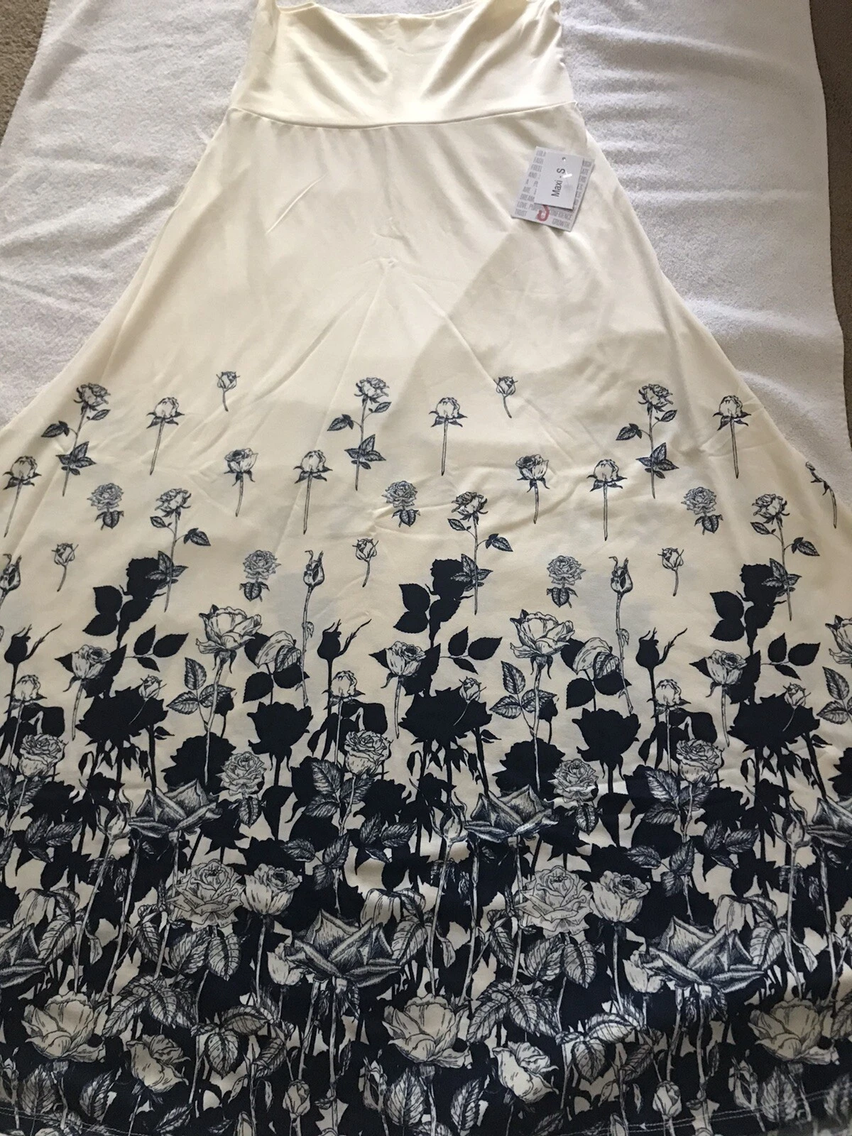 OFF WHITE Abito gonna LuLaRoe MAXI bianco sporco panna blu navy dip roses? piccolo 6 8 unicorno