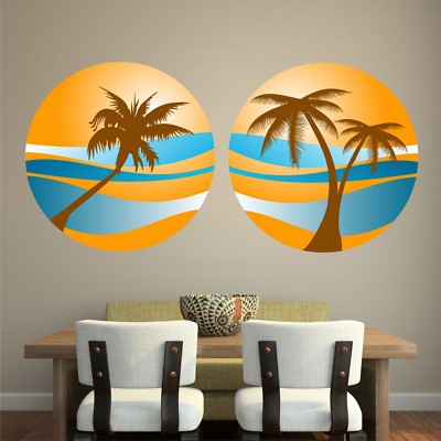 PALM TREE SUNSET 2-PACK WALL STICKERS holiday paradise beach tropical retro art 