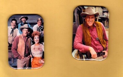 GUNSMOKE    TWO   MAGNETS OR BUTTONS, PINBACK 2''X3'' W/ ROUNDED CORNER