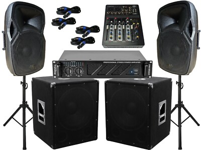 DJ PA Anlage 3600 Watt 38 cm Box Bass USB Musiker Mischpult 15'' Subwoofer Stativ