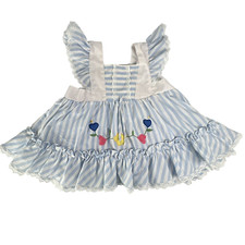 Vtg Cradle Togs Baby Girl Blue Striped Sleeveless Dress Ruffled Lace Trim 1980s