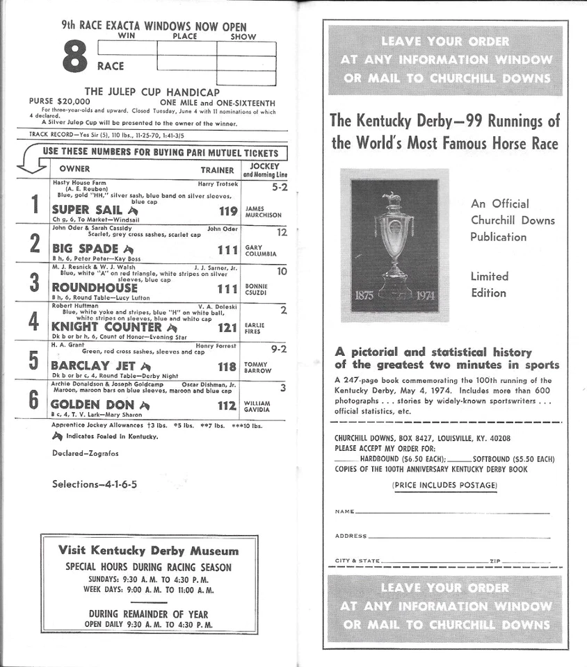 Programa Churchill Downs 1974 ~ Reunión de primavera ~ 8 de junio ~ The Julep Cup Handicap Foto 3 de 3