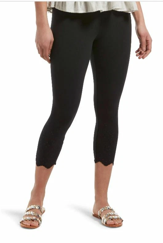 Hue Eyelet Scalloped Trim Stretch Cotton Capri Leggings Pants