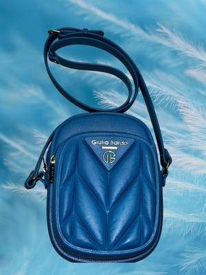Purse Gold Logo Chain Strap Chic Womens Blue Quilted Crossbody Bag Mini