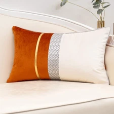 Best Yangest Burnt Orange Patchwork Velvet Lumbar Pillow Cover with Gold Striped