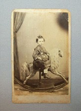 Old Antique Vtg 19th C 1860s CDV Photo Young Boy Large Rocking Horse Very Nice