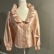 NWT VTG Juliana Collezione 100% Silk Button Down Shirt Pink Ruffle Sz 2 USA