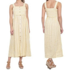 Rachel Zoe Dress Yellow Cream Stripe Smocked Midi WMNS 10 100% Linen Boho Chic
