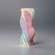 9.5? Vintage Studio Pottery Wavy Vase, Signed INGRID, Pastel Postmodern Nuwave