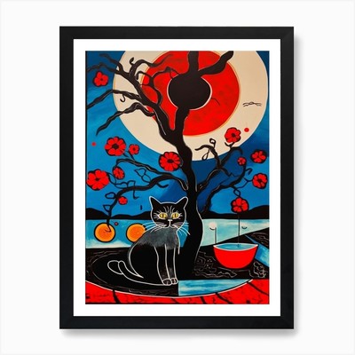 Kamelie mit Katze 2 surreale Joan gerahmtes Wandbild Poster Leinwanddruck Bild