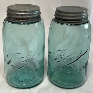 Two HAHNE & CO NEWARK Base and Crude Lettering Aqua BALL MASON Quart Fruit Jars