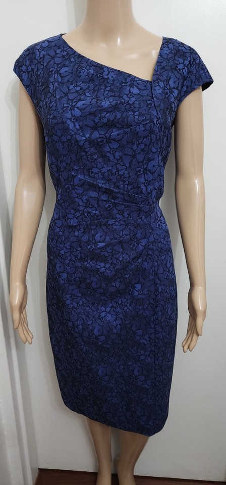 Anthea Crawford Blue Black Floral Jacquard Cocktail Dress Cap Sleeve Size 14 