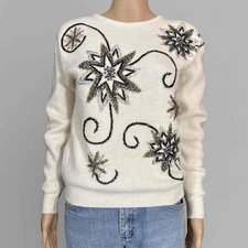 Vintage Sweater Angora Lambswool Beaded 80's 90's Cream Black Gray Gold S