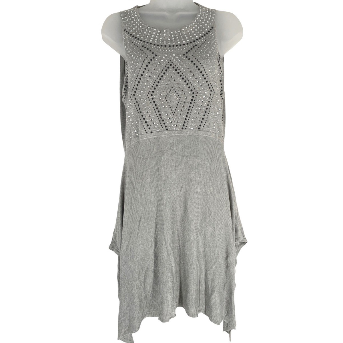 Belldini Medium Gray Rhinestone Sweater Dress Sleeveless Asymmetrical Hem
