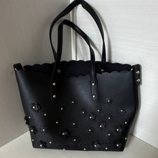 Women s Black Floral Applique Studded Tote Bag Double Handles Gold Hardware