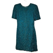 Laurence Kazar New York Emerald Green Sequin Beaded Silk Vintage Cocktail Dress