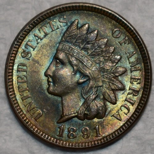 Uncirculated 1891 Indian Head Cent, Razor-Sharp & Attractively Toned.