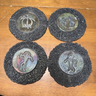 Raku and Lava Rock Petroglyph Pottery Coasters Set of 4 Ben Diller Maui, Hawaii