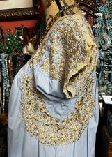 STUNNING OAXACA 1970 POWDER BLUE COTTON DRESS & GOLD SILK EMBROIDERY CROCHET M/L