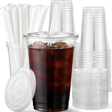 16 oz Plastic Cups with Lids and Straws, 50 Pack, Disposable Iced Coffee Cups wi
