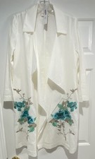 Chico  s Optic White Teal Floral Embroidered Linen Blend Topper Jacket Size 1 NWT