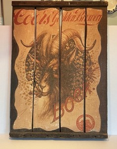 Vintage Breweriana Adolph Coors Golden Bock 1974 Wooden Bar Sign Rams Head