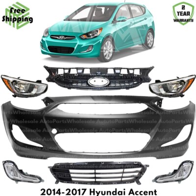Front Bumper Cover Fascia & Headlight Assembly Kit For 2014-2017 Hyundai Accent