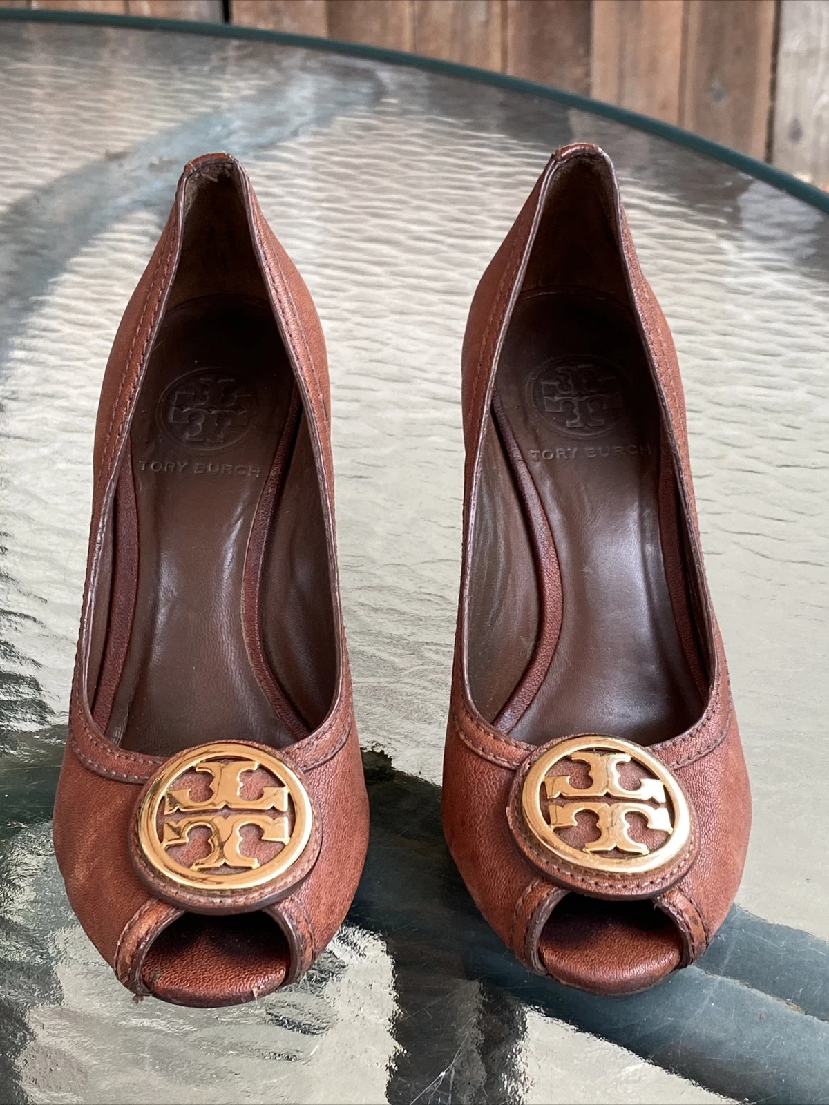 Scarpe tacco a zeppa Tory Burch Selma punta aperta 5 M marroni in pelle