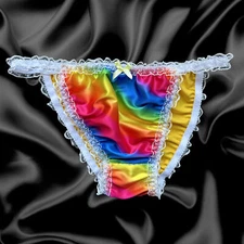 Yellow Rainbow Satin Frilly Lace Bikini Tanga Underwear Panties Size M - XL