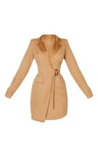 Pretty Little Thing Camel Satin Lapel Belt Detail Blazer Dress Size 4.