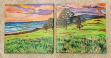 2 Original Paintings Signed Anette 2010 Landscape Water Scene Colorful