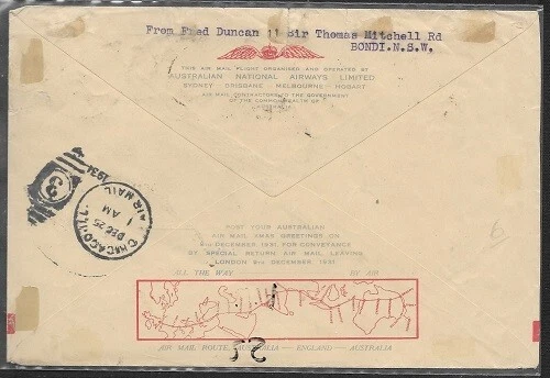Australia Air Mail stamp 1931 First Flight cover SYDNEY to USA FVF SEE IMAGE - Image 2 of 2