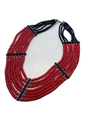 Beaded Indian, Red 7 Layered Necklace Vintage Native? Old Sead Beads?