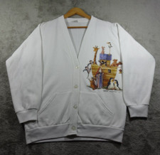 Vintage Noahs Ark Carolyn Shores Wright Cardigan Sweater XL White Made In USA