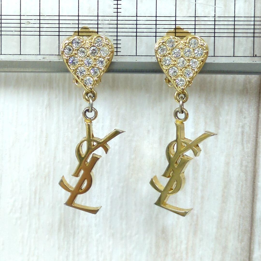 Yves Saint Laurent Heart Swing Earrings Rhinestone Gold clip