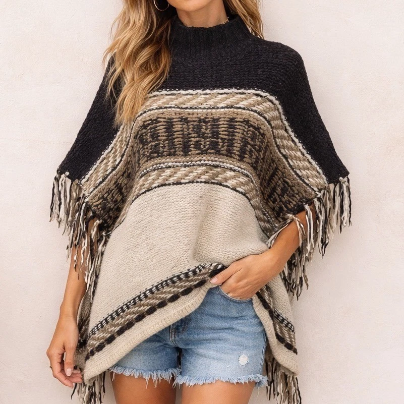 Free People Labyrinth Tribal Fringe Poncho Women XS/S Wool Angora Blend