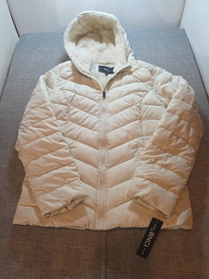 BNCI Womens Lightweight Puffer Jacket White Sherpa Hoodie Sz M