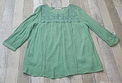 Figueroa & Flower Women's Blouse Sz S Green Lace 3/4 Sleeve Lined Crinkle Boho
