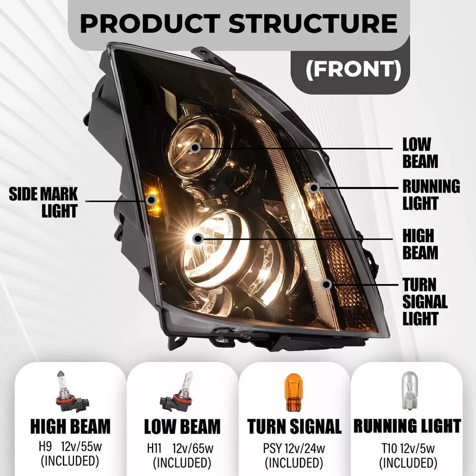 HECASA Pair Halogen Headlight For Cadillac CTS 2008-2015 Left and Right W/Bulbs - Image 2 of 4