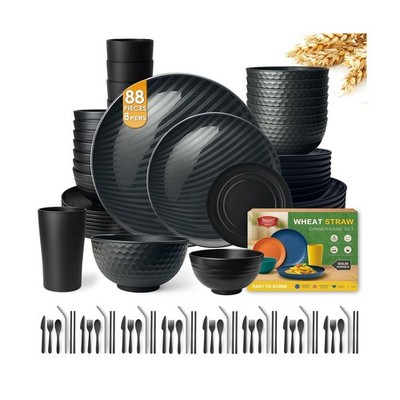 Teivio 88-Piece With Flatware Kitchen Plastic Wheat Straw Dinnerware Set for ...
