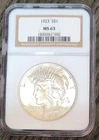 1923-P S$1 NGC MS 63 Peace Silver Dollar with Reverse Toning Great Luster BU