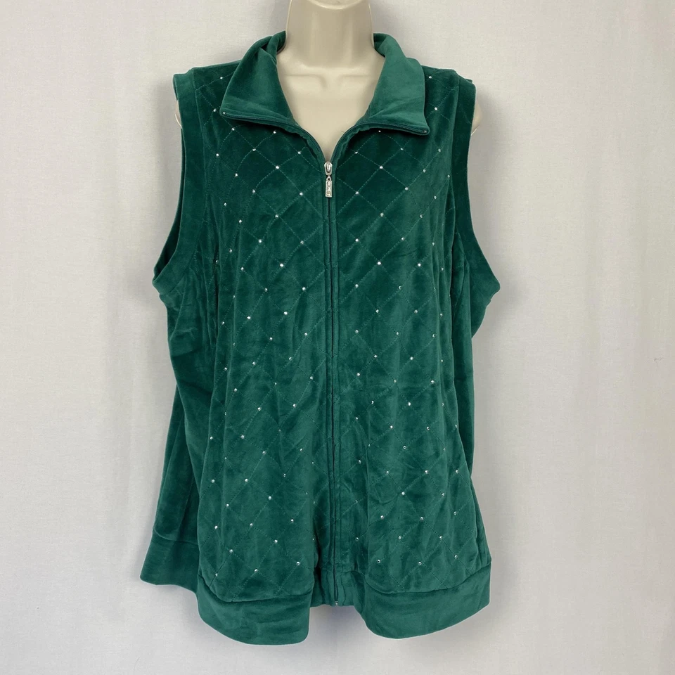 Quacker Factory Sparkle Velour Vest 1X Green Rhinestone Quilted Christmas Zip Up - Image 4 of 4