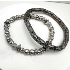 Vintage 90s Dual-Tone Multi-Strand Leather & Silver-Tone Metal Bead Bracelets