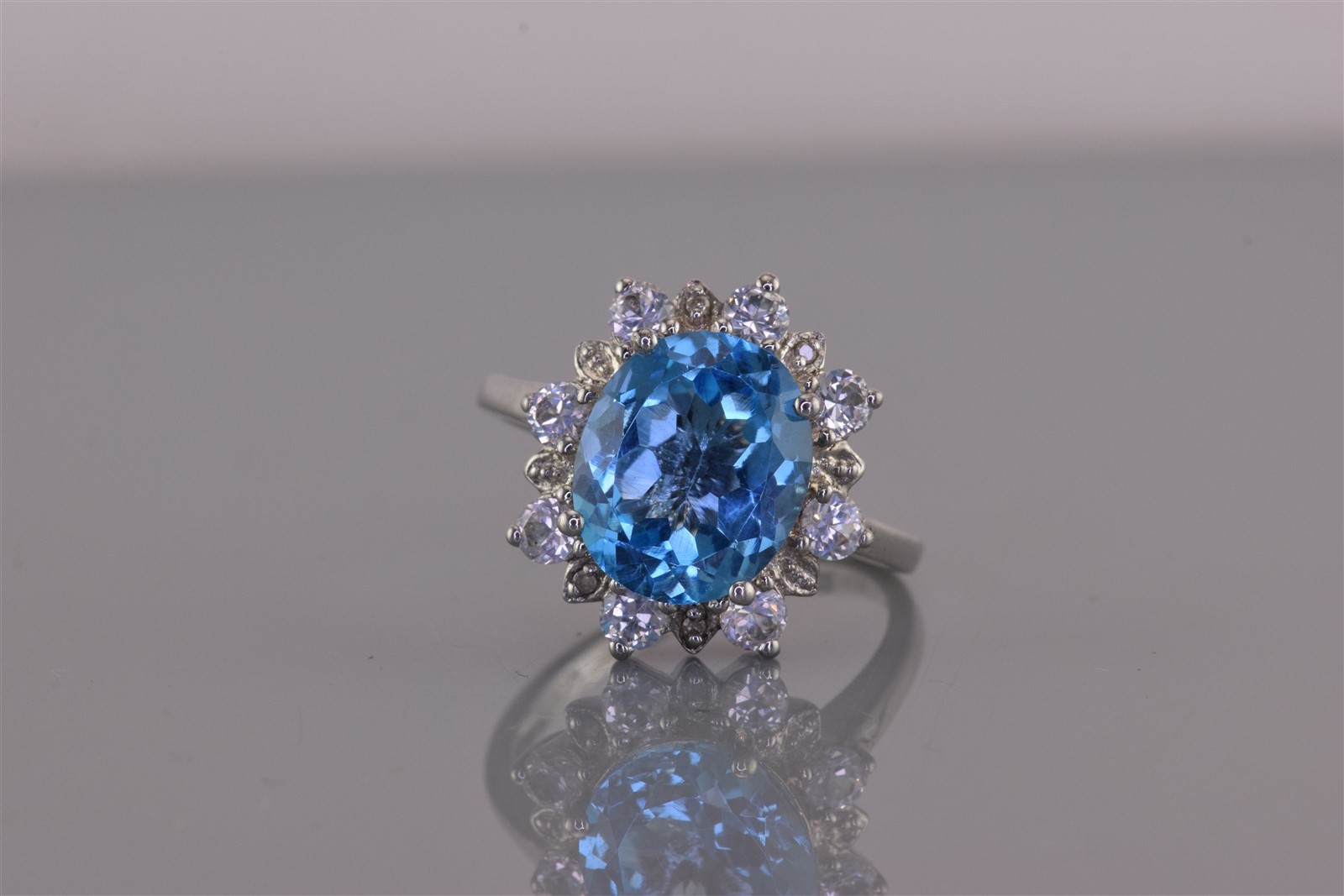 SJM Sterling Silver Blue & White Topaz Halo Burst Diamond Band Ring 925 Sz: 9