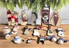 16 Primitive Wooden Snowman & Cow Sled Christmas Tree Ornament Lot